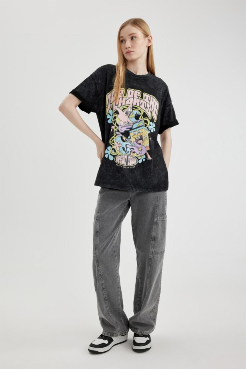 WOMAN Black Oversize Fit SpongeBob Licensed Crew Neck Printed Short Sleeve T-Shirt