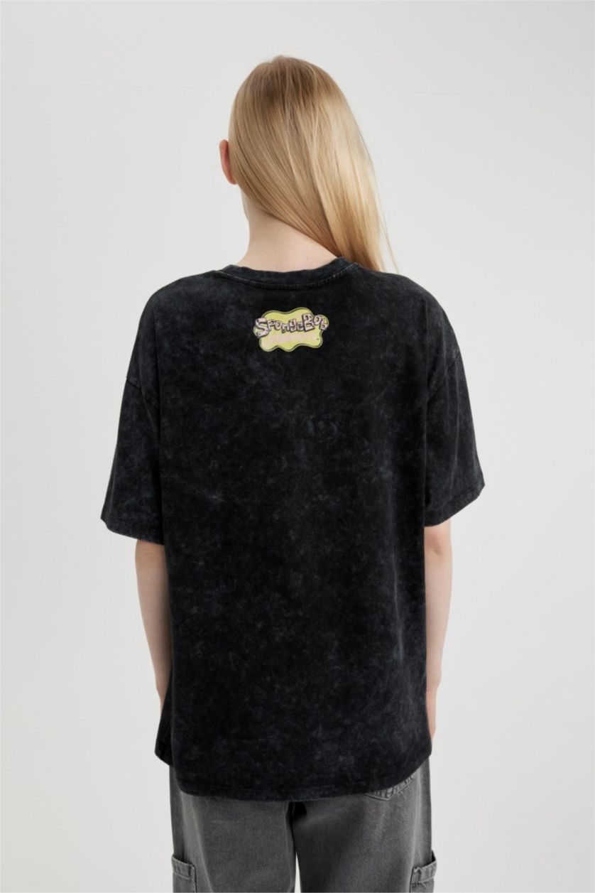 WOMAN Black Oversize Fit SpongeBob Licensed Crew Neck Printed Short Sleeve T-Shirt