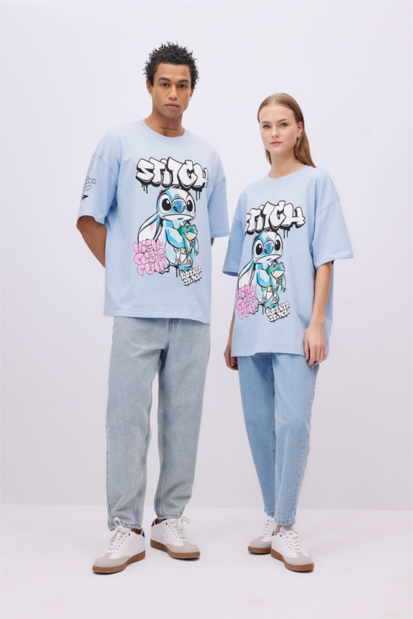 WOMAN Light Blue Oversize Fit Lilo & Stitch Licensed Crew Neck Printed Short Sleeve T-Shirt