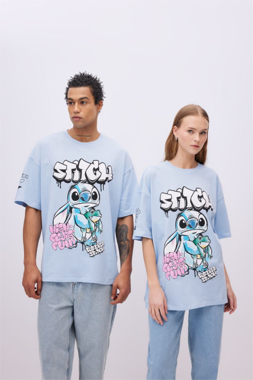 WOMAN Light Blue Oversize Fit Lilo & Stitch Licensed Crew Neck Printed Short Sleeve T-Shirt