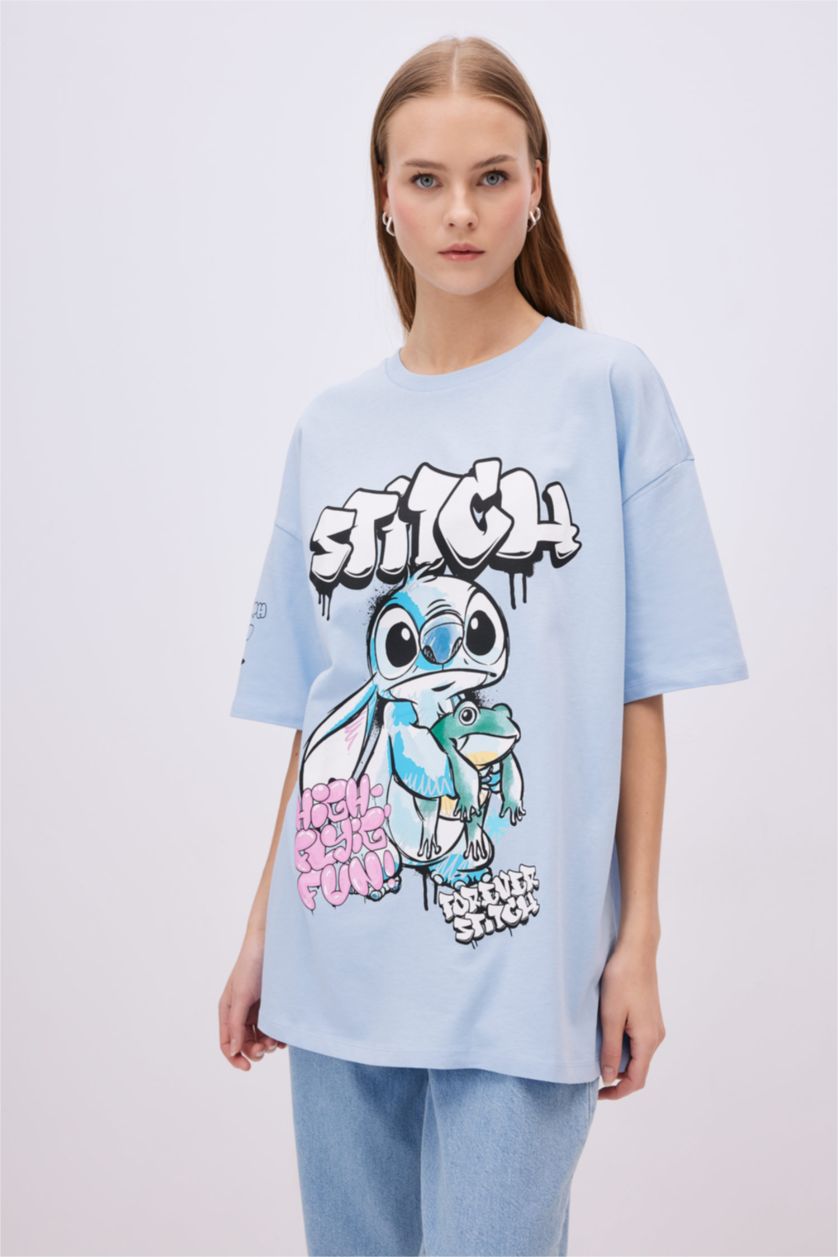 WOMAN Light Blue Oversize Fit Lilo & Stitch Licensed Crew Neck Printed Short Sleeve T-Shirt