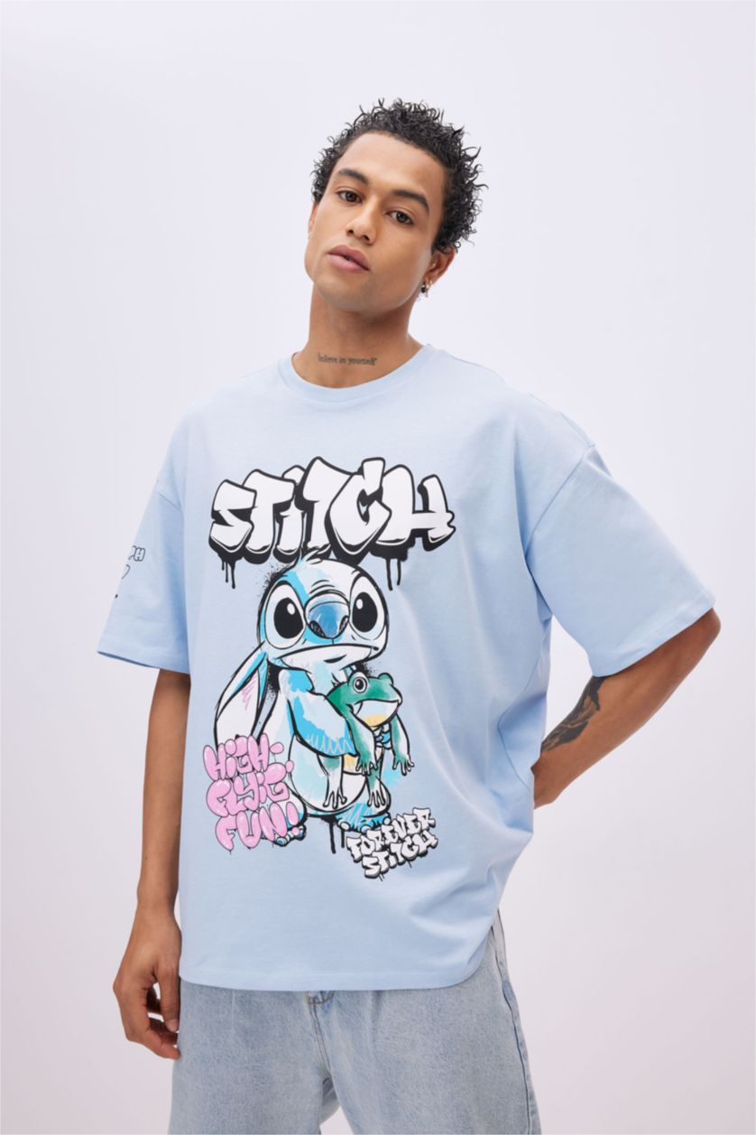 WOMAN Light Blue Oversize Fit Lilo & Stitch Licensed Crew Neck Printed Short Sleeve T-Shirt