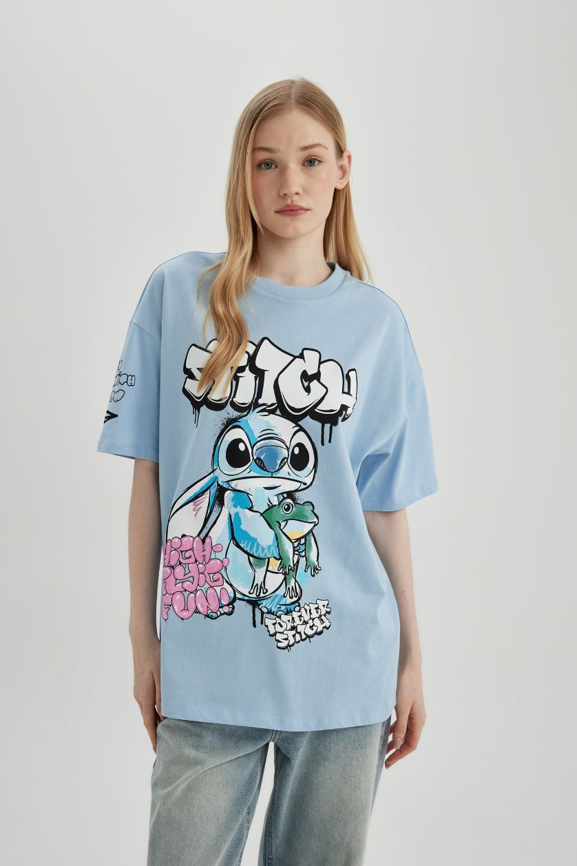 WOMAN Light Blue Oversize Fit Lilo & Stitch Licensed Crew Neck Printed Short Sleeve T-Shirt