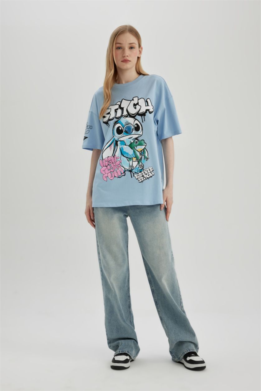 WOMAN Light Blue Oversize Fit Lilo & Stitch Licensed Crew Neck Printed Short Sleeve T-Shirt