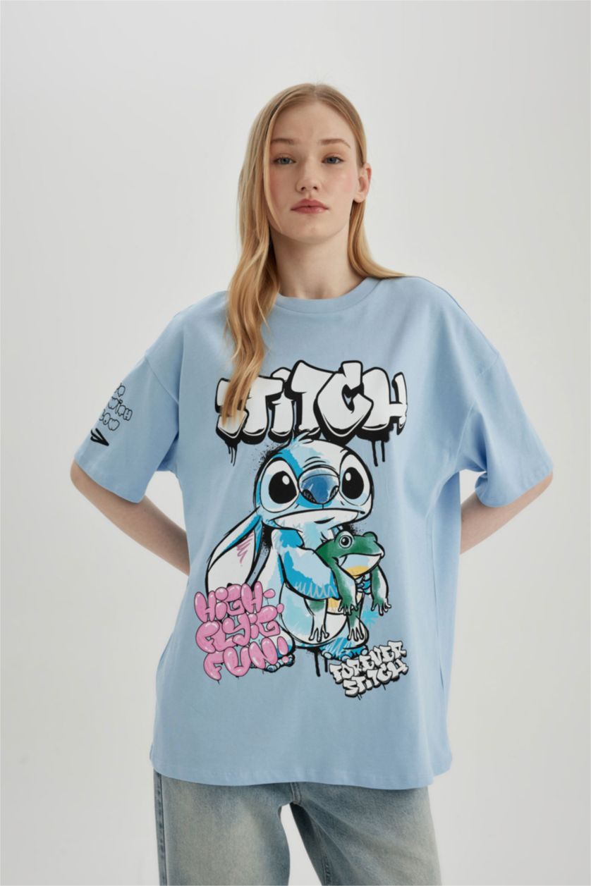 WOMAN Light Blue Oversize Fit Lilo & Stitch Licensed Crew Neck Printed Short Sleeve T-Shirt