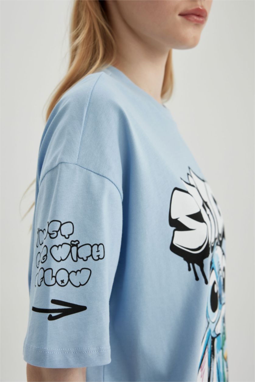 WOMAN Light Blue Oversize Fit Lilo & Stitch Licensed Crew Neck Printed Short Sleeve T-Shirt