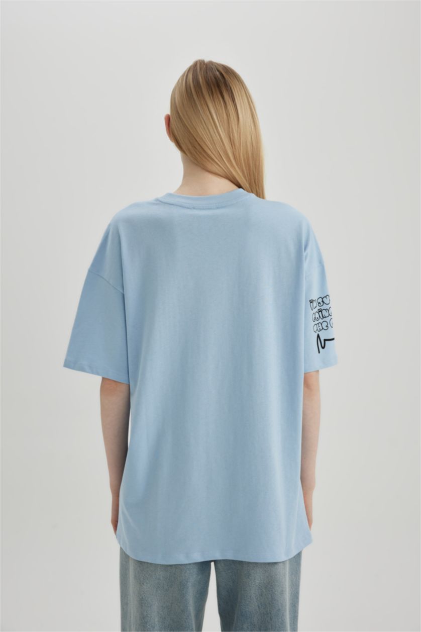 WOMAN Light Blue Oversize Fit Lilo & Stitch Licensed Crew Neck Printed Short Sleeve T-Shirt