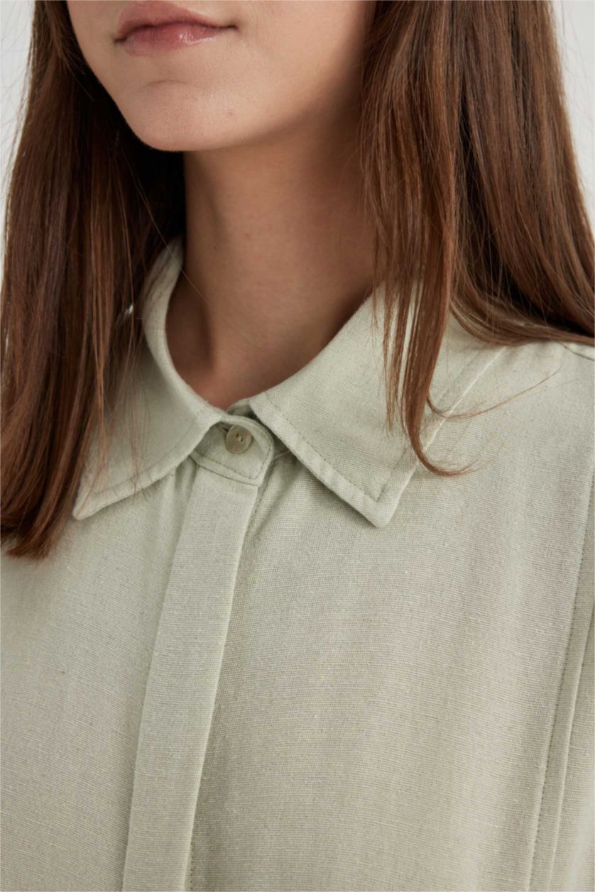 نساء نعناع فستان كم طويل ذو مظهر كتاني وياقة قميص