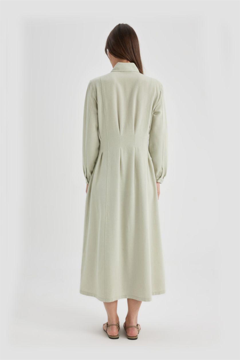 نساء نعناع فستان كم طويل ذو مظهر كتاني وياقة قميص