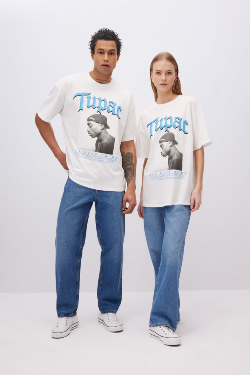 WOMAN White Unisex Cool Tupac Shakur Oversize Crew Neck T-Shirt