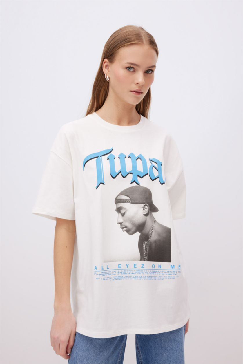 WOMAN White Unisex Cool Tupac Shakur Oversize Crew Neck T-Shirt