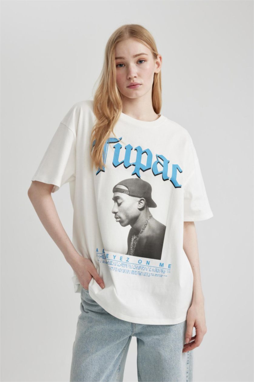 WOMAN White Unisex Cool Tupac Shakur Oversize Crew Neck T-Shirt