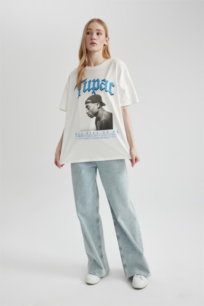 WOMAN White Unisex Cool Tupac Shakur Oversize Crew Neck T-Shirt