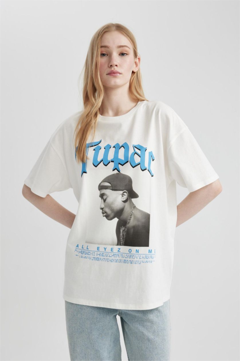 WOMAN White Unisex Cool Tupac Shakur Oversize Crew Neck T-Shirt