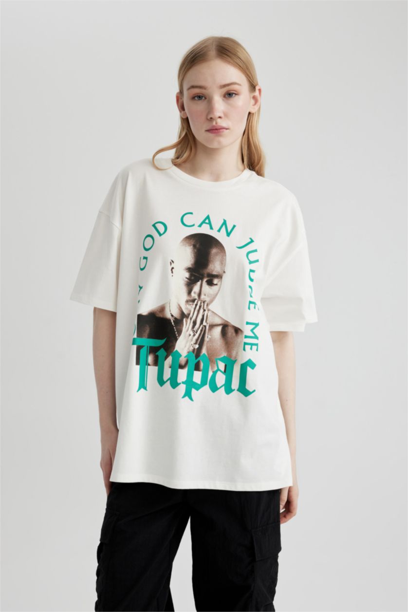 WOMAN White Tupac Shakur Oversize Crew Neck Short Sleeve T-Shirt