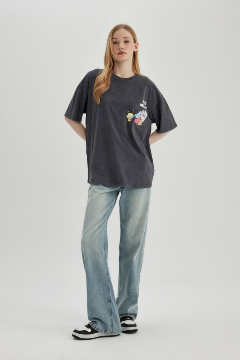 Kadın Antrasit Oversıze Kısa Kollu Tişört