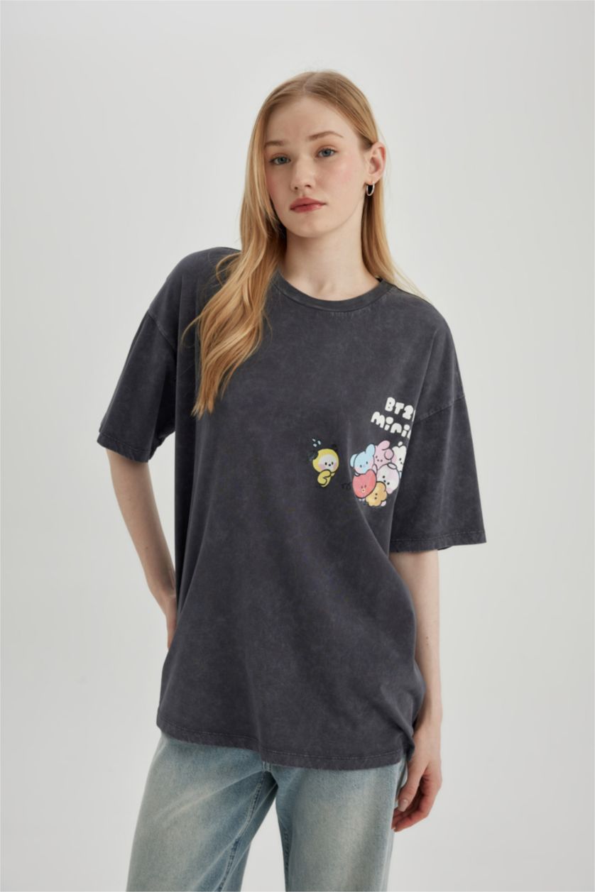 Kadın Antrasit Oversıze Kısa Kollu Tişört