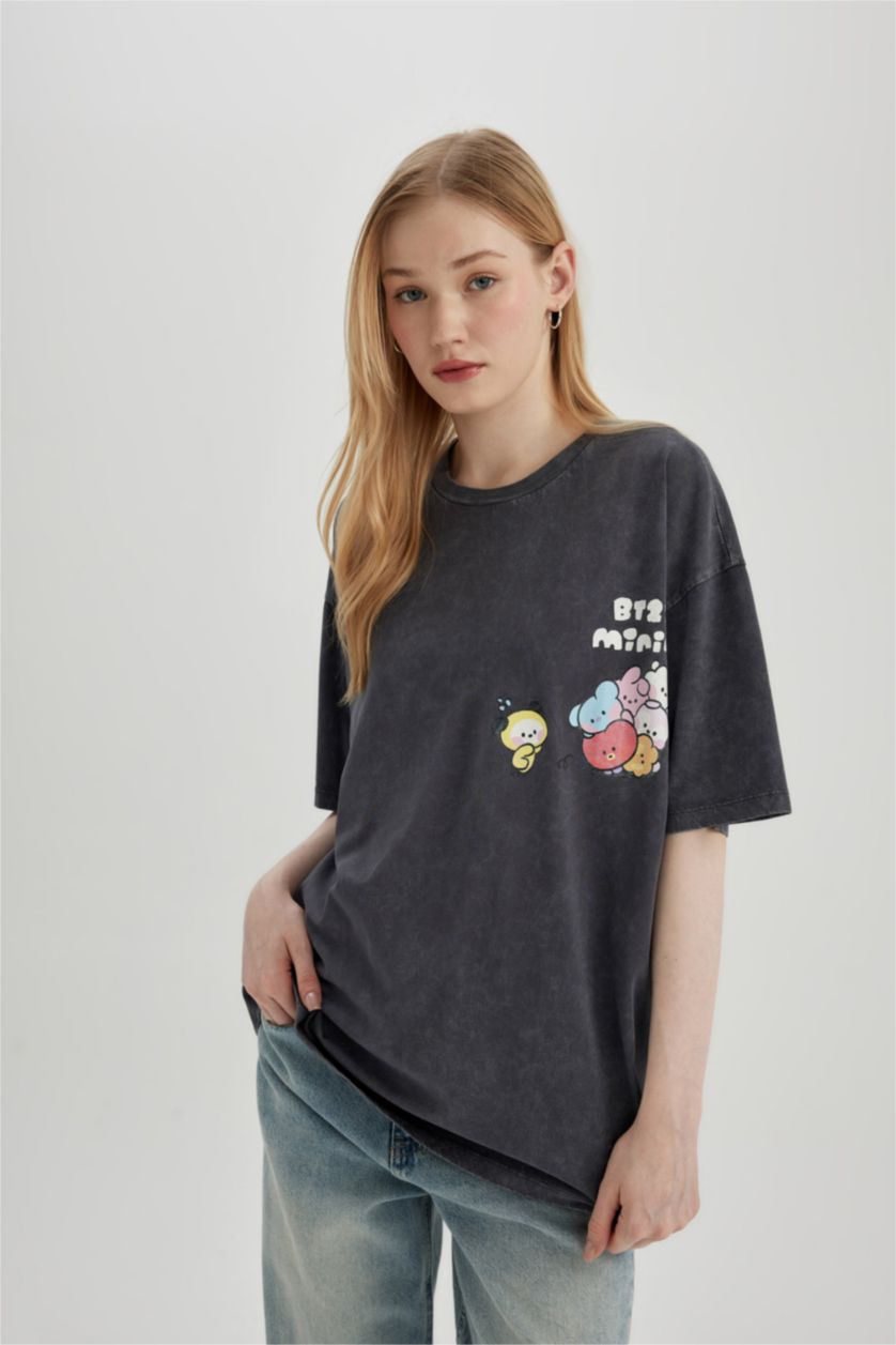 Kadın Antrasit Oversıze Kısa Kollu Tişört