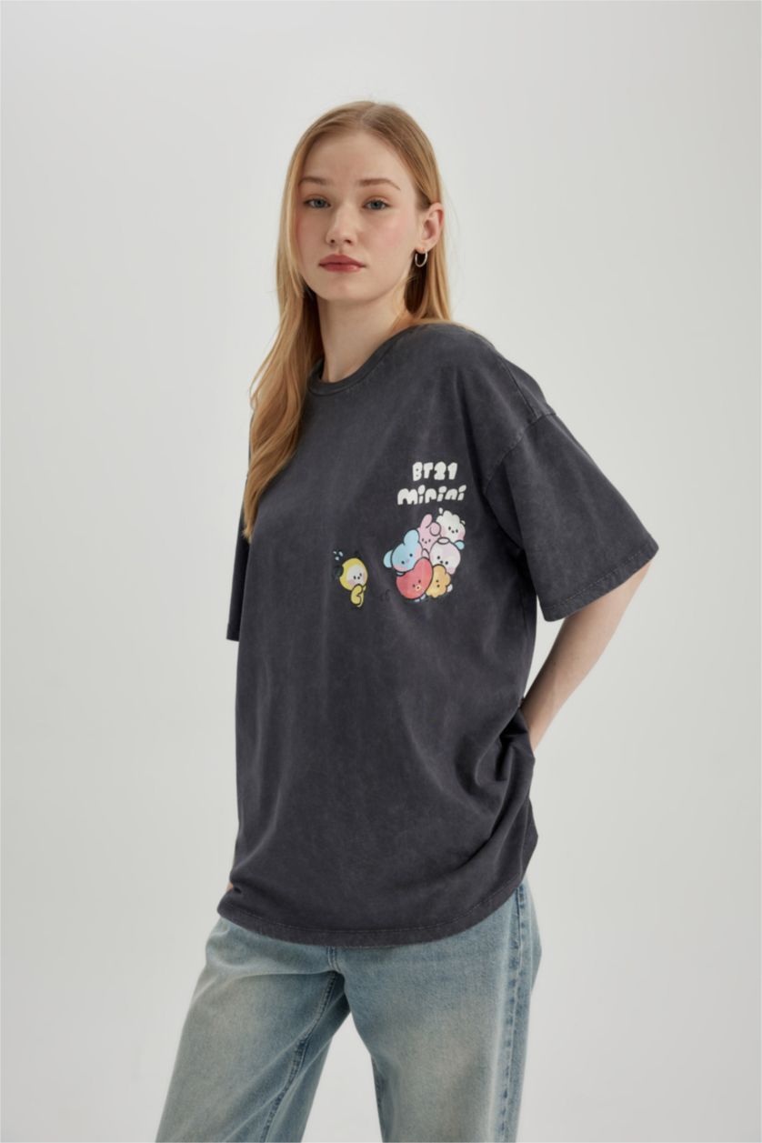 Kadın Antrasit Oversıze Kısa Kollu Tişört