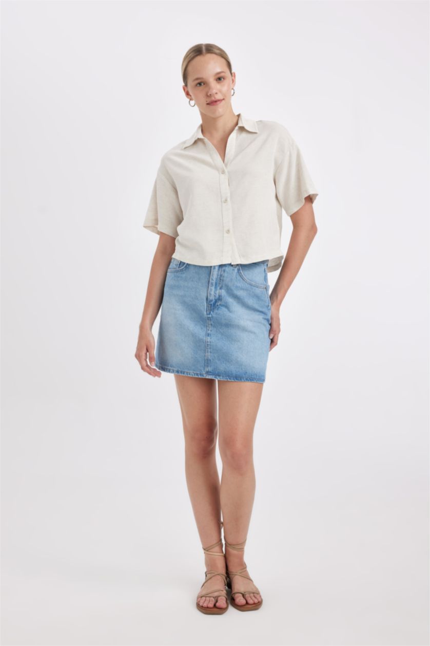 Kadın Sade Ekru Oversize Geniş Kalıp Keten Karışımlı Kısa Kollu Gömlek