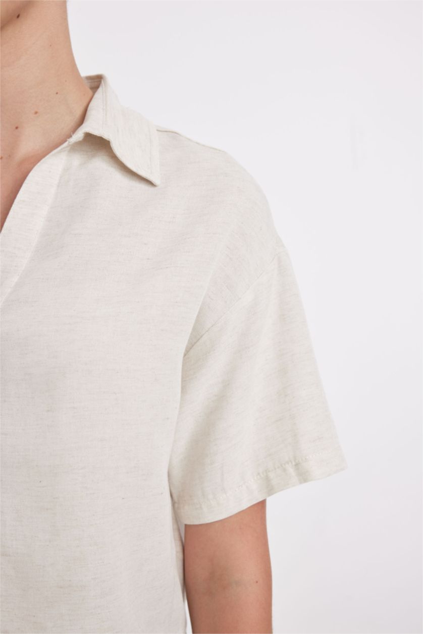 Kadın Sade Ekru Oversize Geniş Kalıp Keten Karışımlı Kısa Kollu Gömlek