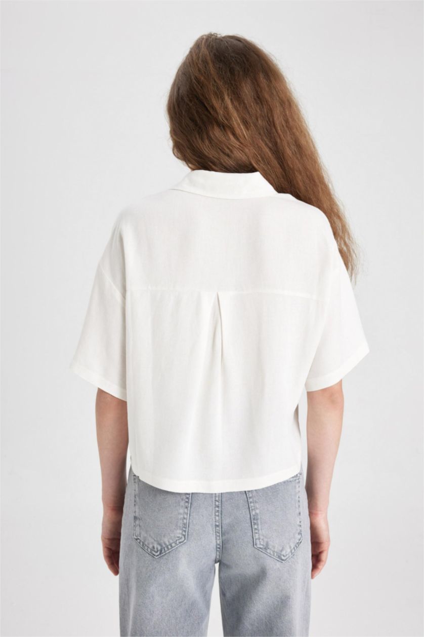 Kadın Ekru Oversize Geniş Kalıp Keten Karışımlı Kısa Kollu Gömlek