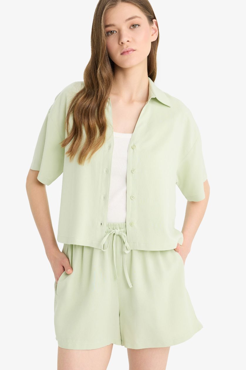 Kadın Mint Oversize Geniş Kalıp Keten Karışımlı Kısa Kollu Gömlek