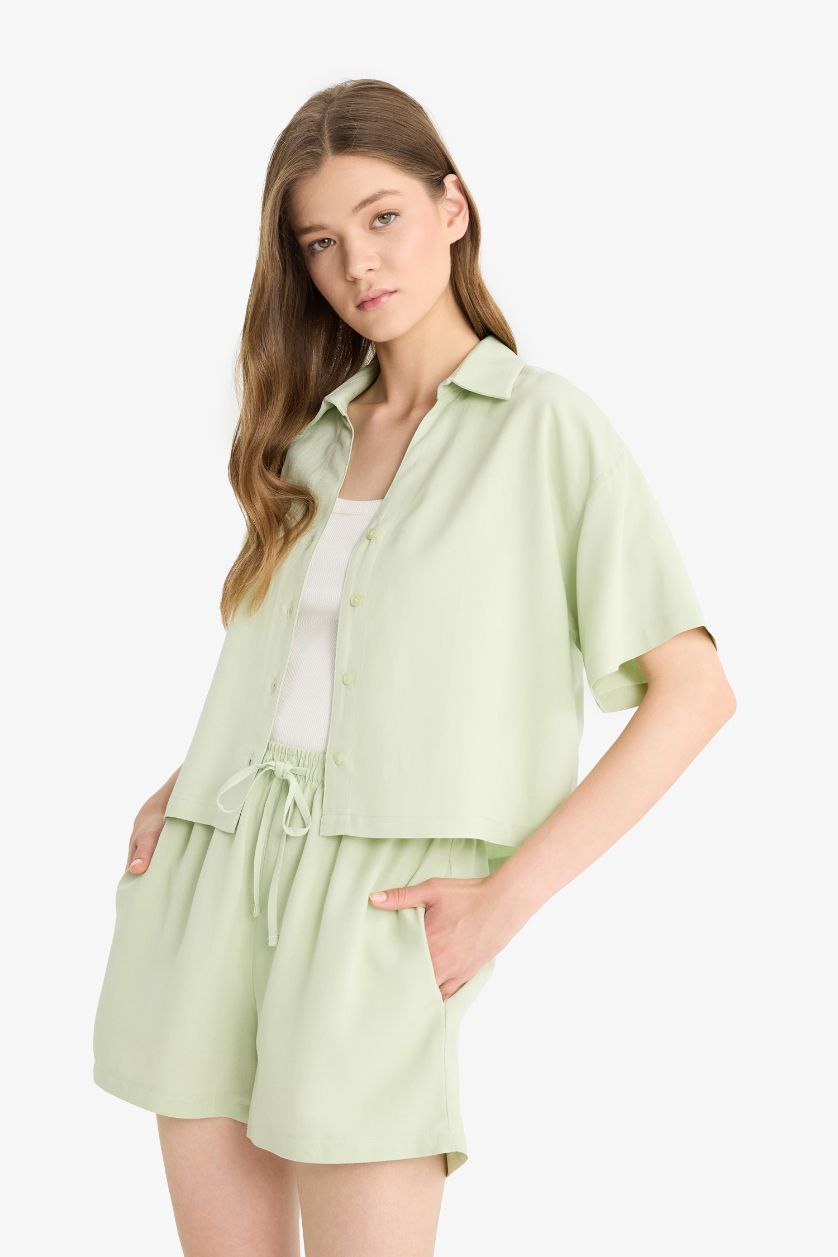 Kadın Mint Oversize Geniş Kalıp Keten Karışımlı Kısa Kollu Gömlek