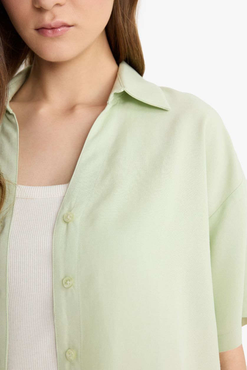 Kadın Mint Oversize Geniş Kalıp Keten Karışımlı Kısa Kollu Gömlek