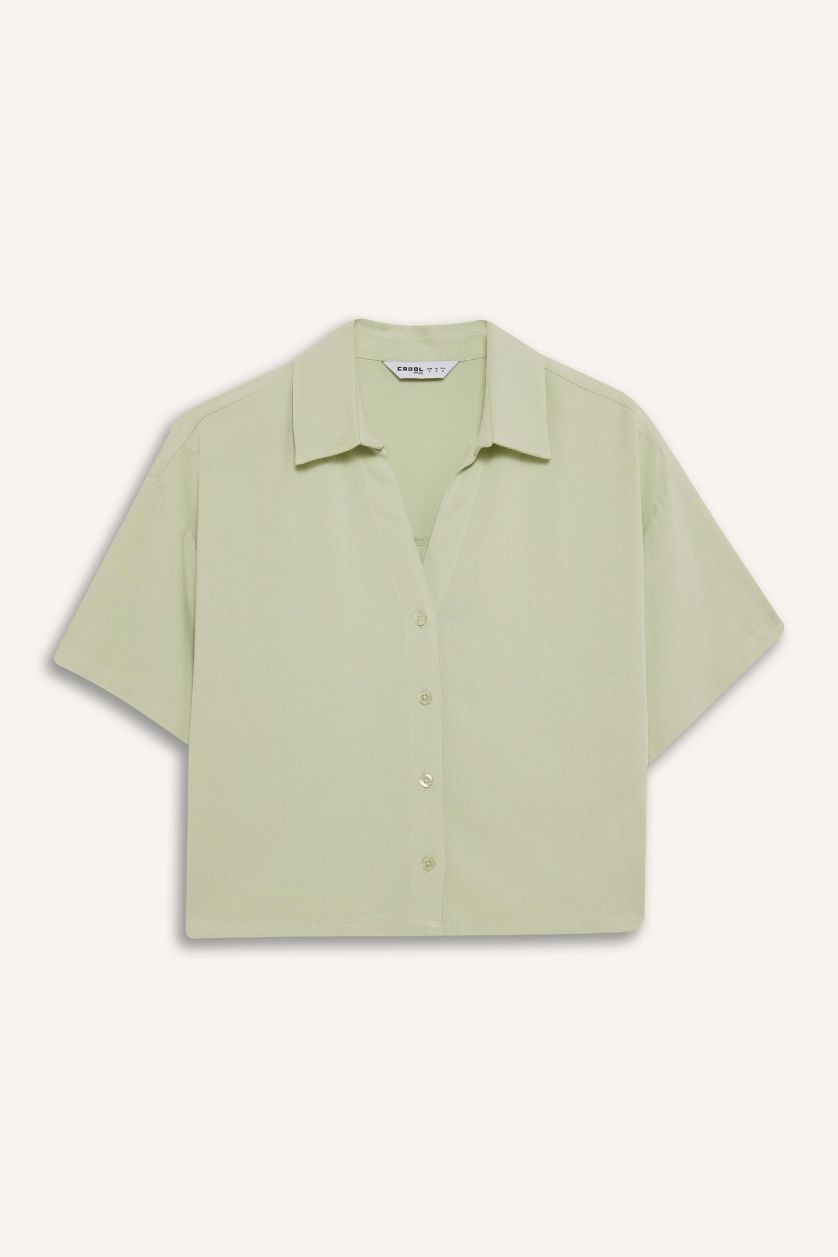 Kadın Mint Oversize Geniş Kalıp Keten Karışımlı Kısa Kollu Gömlek
