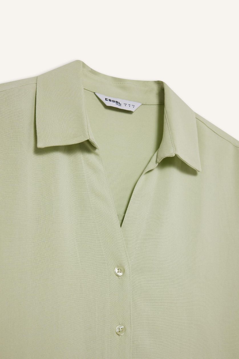 Kadın Mint Oversize Geniş Kalıp Keten Karışımlı Kısa Kollu Gömlek