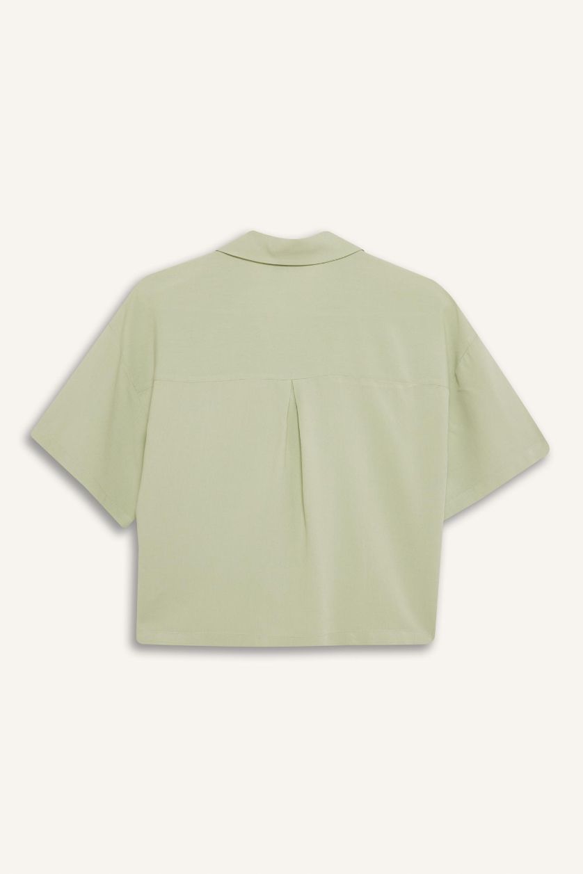 Kadın Mint Oversize Geniş Kalıp Keten Karışımlı Kısa Kollu Gömlek