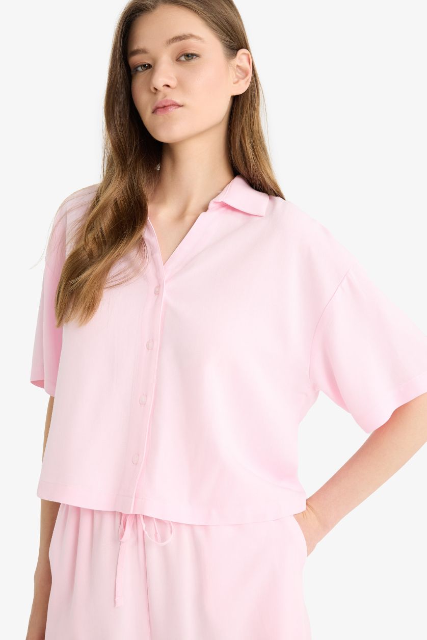 Kadın Açık Pembe Oversize Geniş Kalıp Keten Karışımlı Kısa Kollu Gömlek