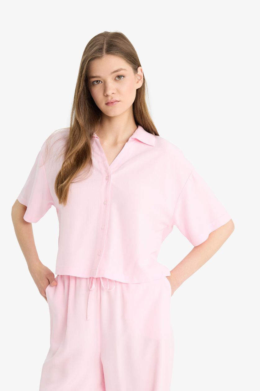 Kadın Açık Pembe Oversize Geniş Kalıp Keten Karışımlı Kısa Kollu Gömlek