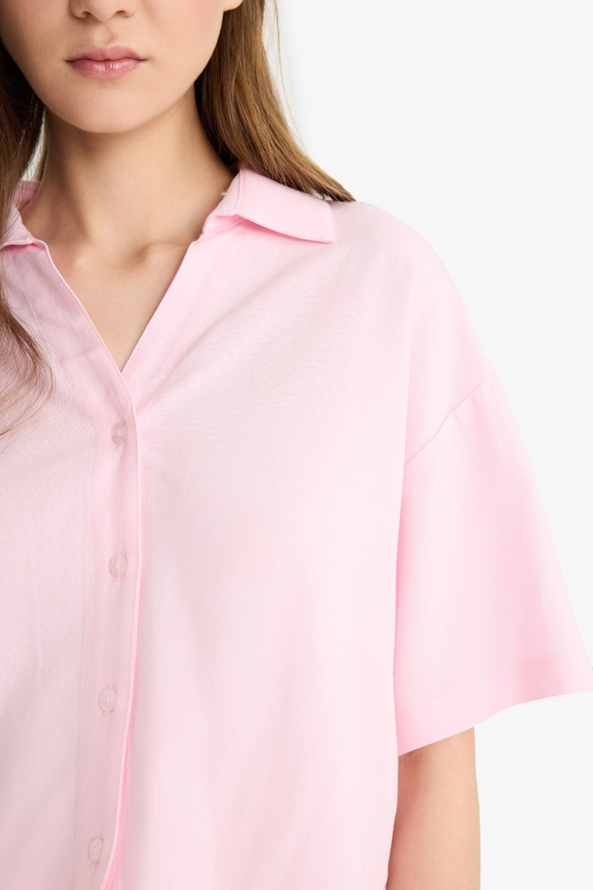 Kadın Açık Pembe Oversize Geniş Kalıp Keten Karışımlı Kısa Kollu Gömlek