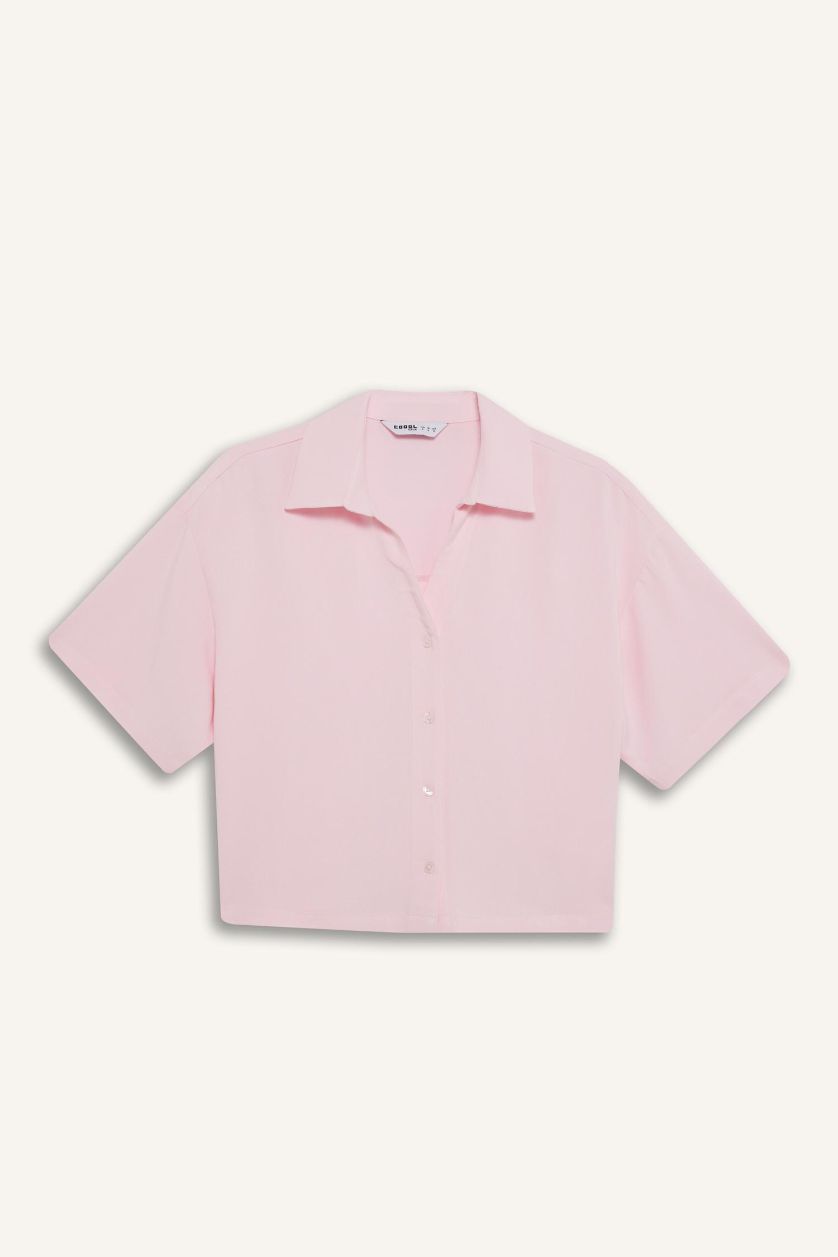Kadın Açık Pembe Oversize Geniş Kalıp Keten Karışımlı Kısa Kollu Gömlek
