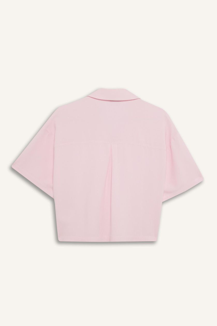 Kadın Açık Pembe Oversize Geniş Kalıp Keten Karışımlı Kısa Kollu Gömlek