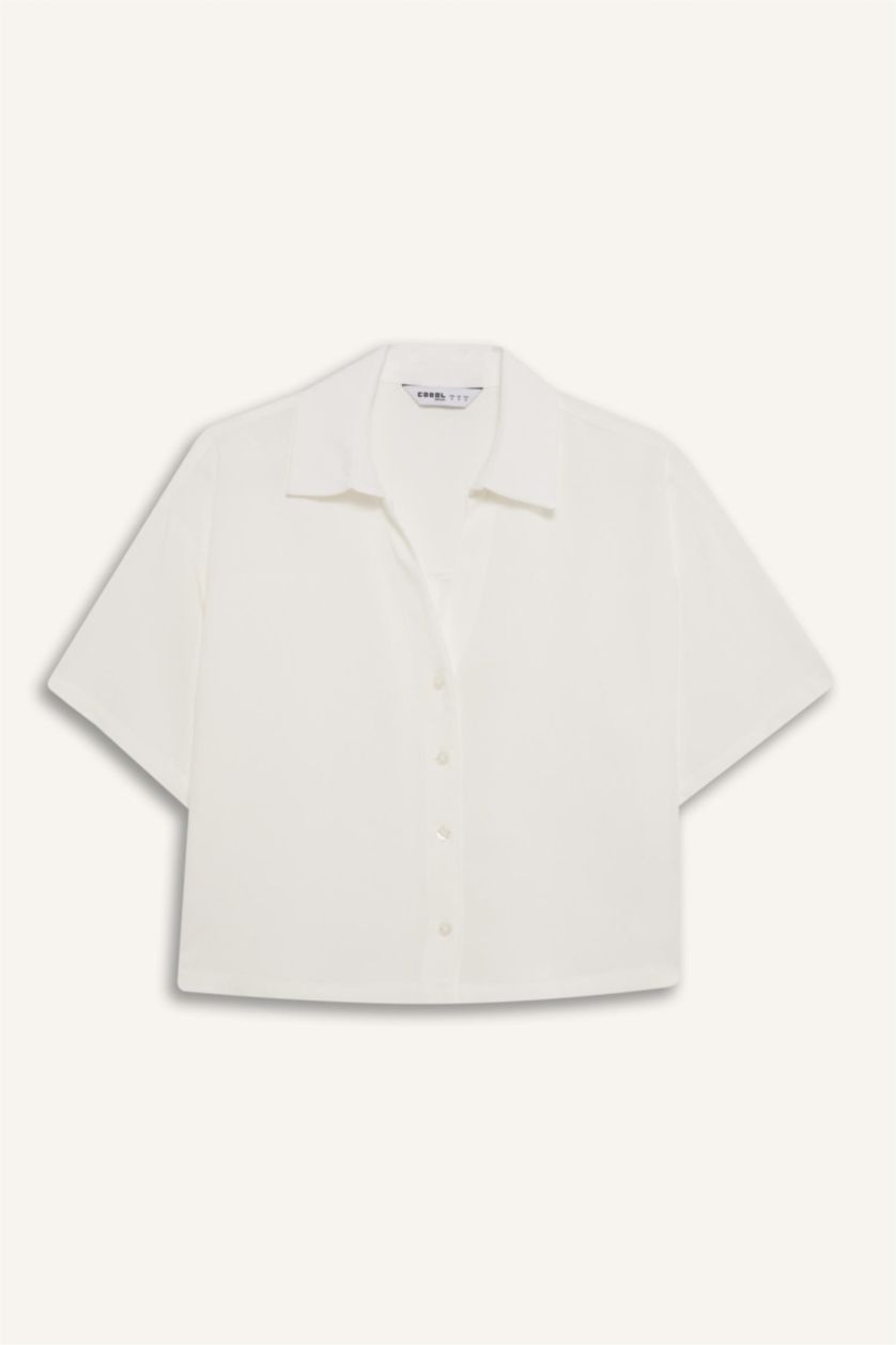 Kadın Kırık Beyaz Oversize Geniş Kalıp Keten Karışımlı Kısa Kollu Beyaz Gömlek