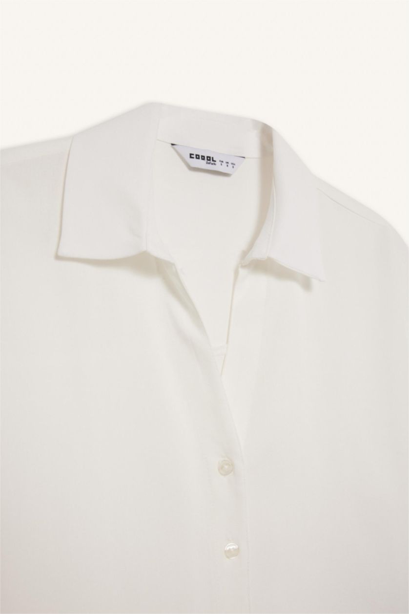 Kadın Kırık Beyaz Oversize Geniş Kalıp Keten Karışımlı Kısa Kollu Beyaz Gömlek