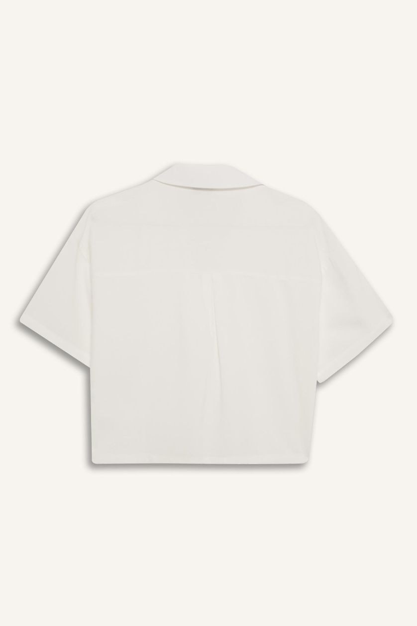 Kadın Kırık Beyaz Oversize Geniş Kalıp Keten Karışımlı Kısa Kollu Beyaz Gömlek