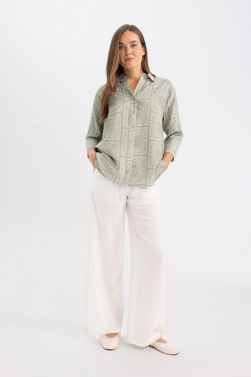 نساء كاكي قميص نص ردن منقوش قصة عادية