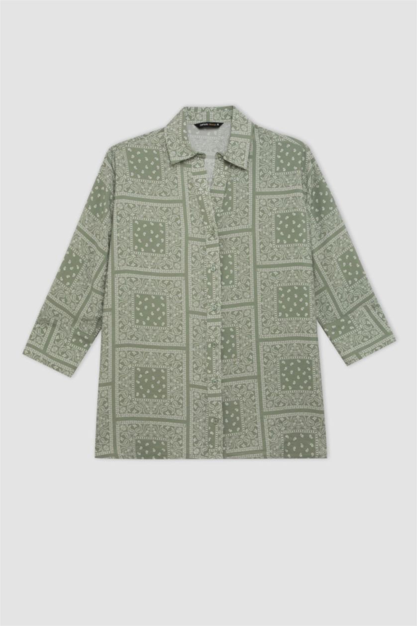 نساء كاكي قميص نص ردن منقوش قصة عادية