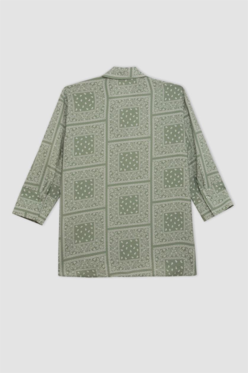 نساء كاكي قميص نص ردن منقوش قصة عادية