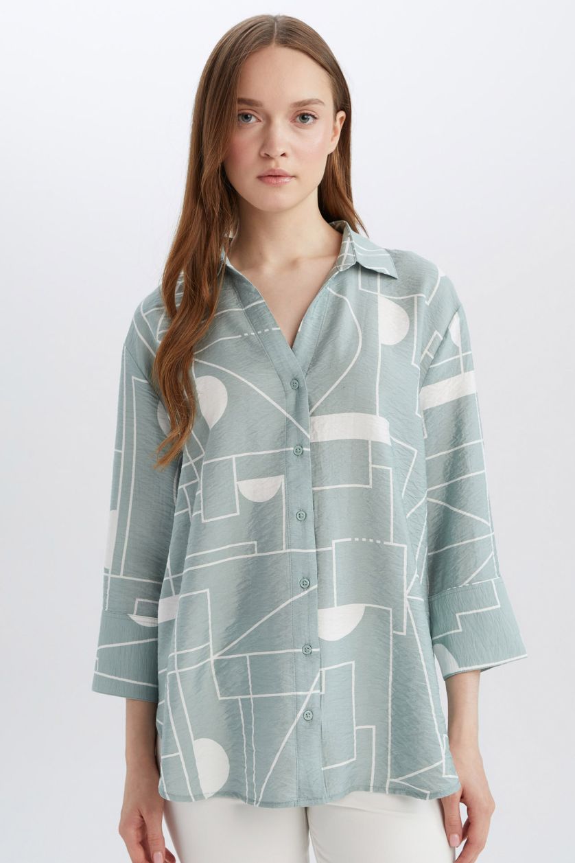 WOMAN Light Green Regular Fit Shirt Collar Long Sleeve Shirt