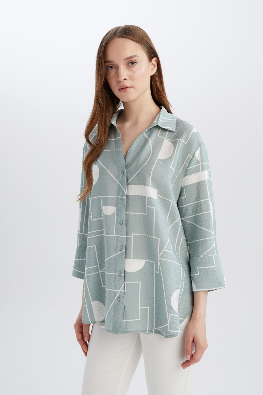 WOMAN Light Green Regular Fit Shirt Collar Long Sleeve Shirt