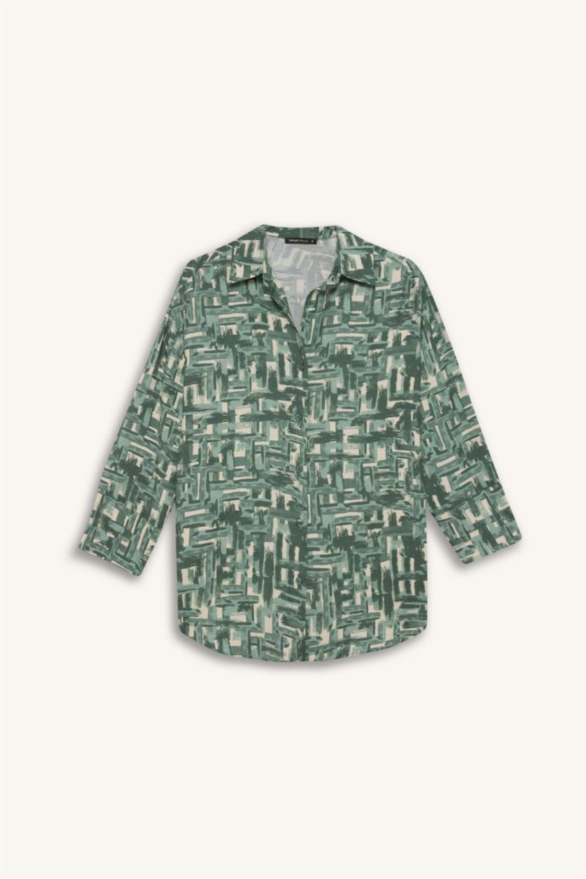 نساء أخضر فاتح قميص ردن طويل قصة عادية