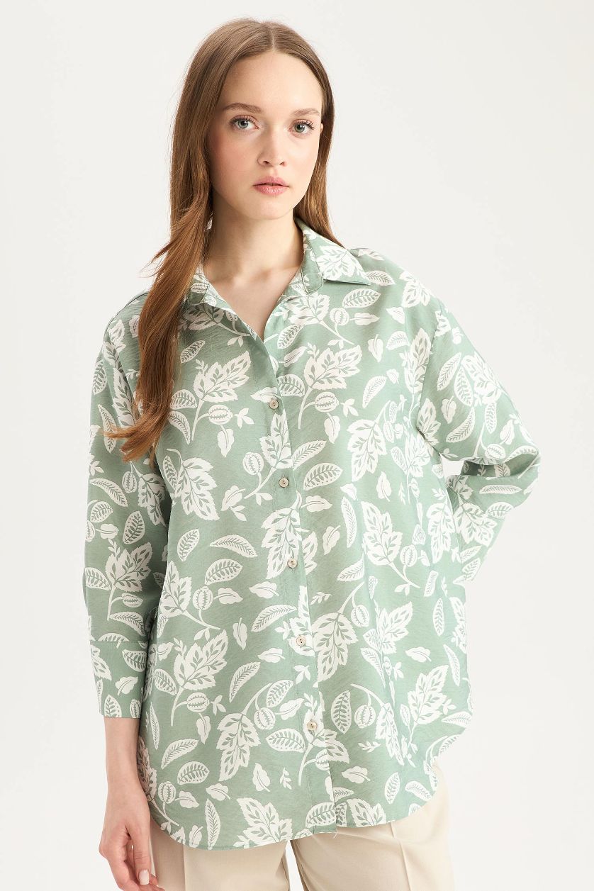 WOMAN Light Khaki Regular Fit Patterned Long Sleeve Shirt