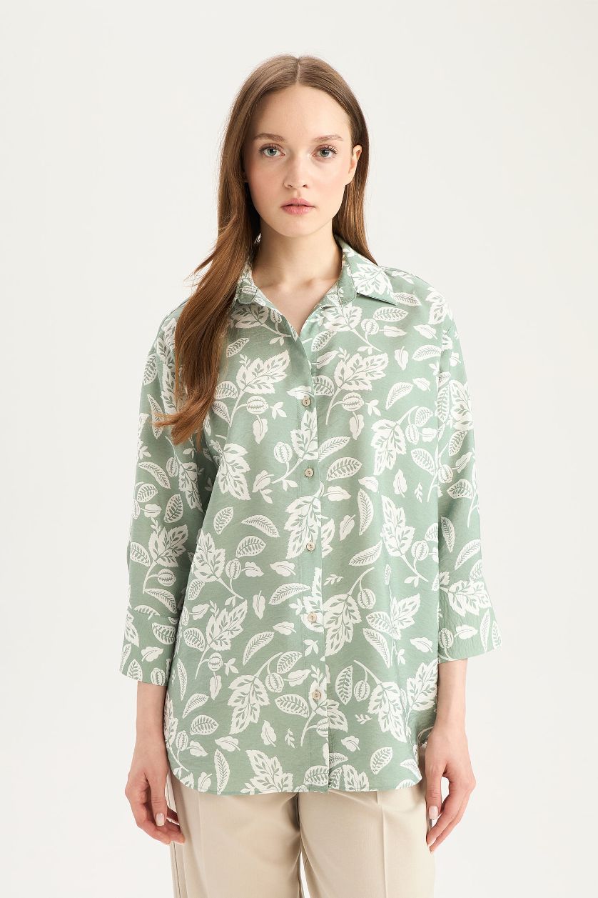 WOMAN Light Khaki Regular Fit Patterned Long Sleeve Shirt