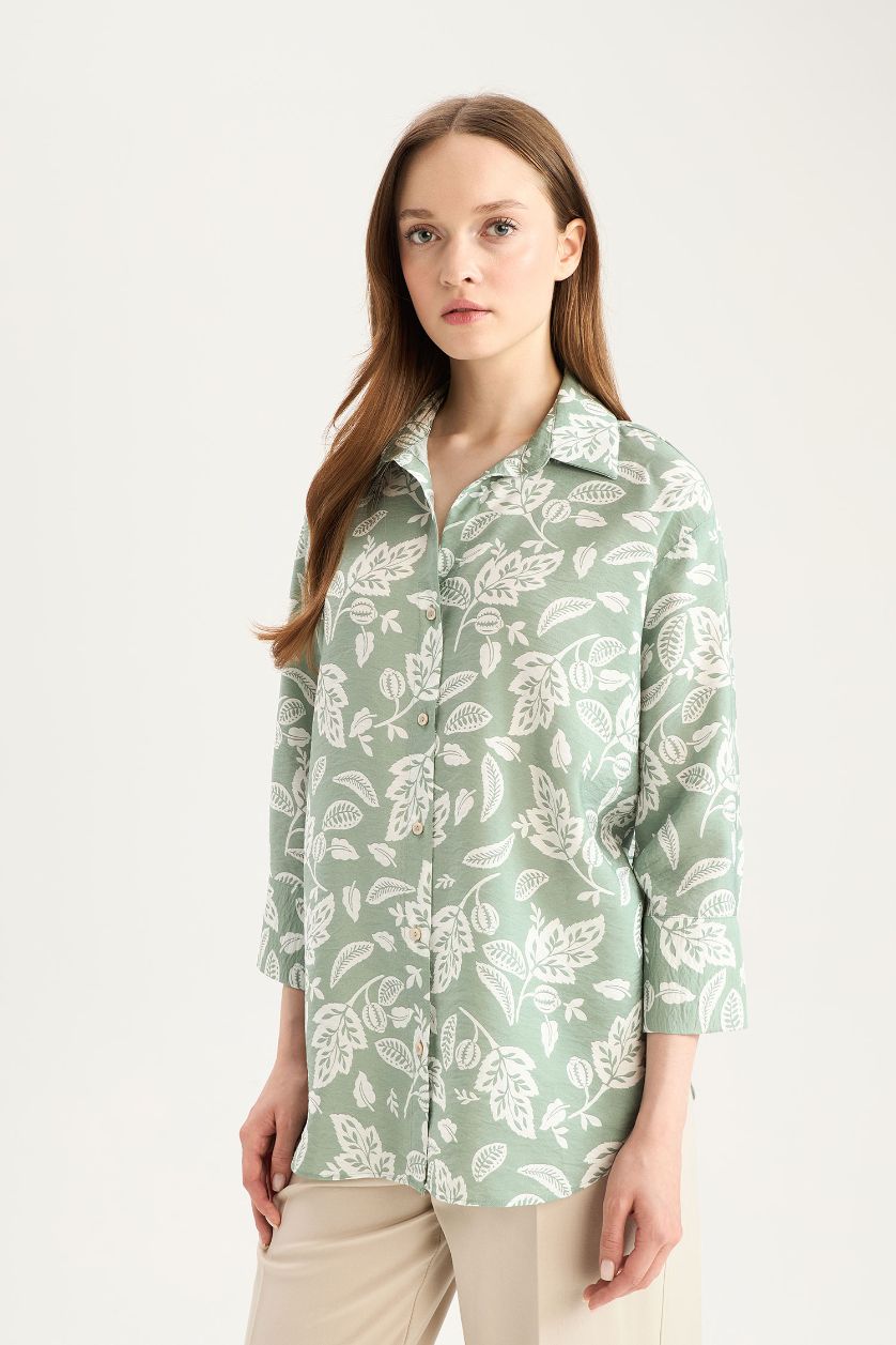 WOMAN Light Khaki Regular Fit Patterned Long Sleeve Shirt