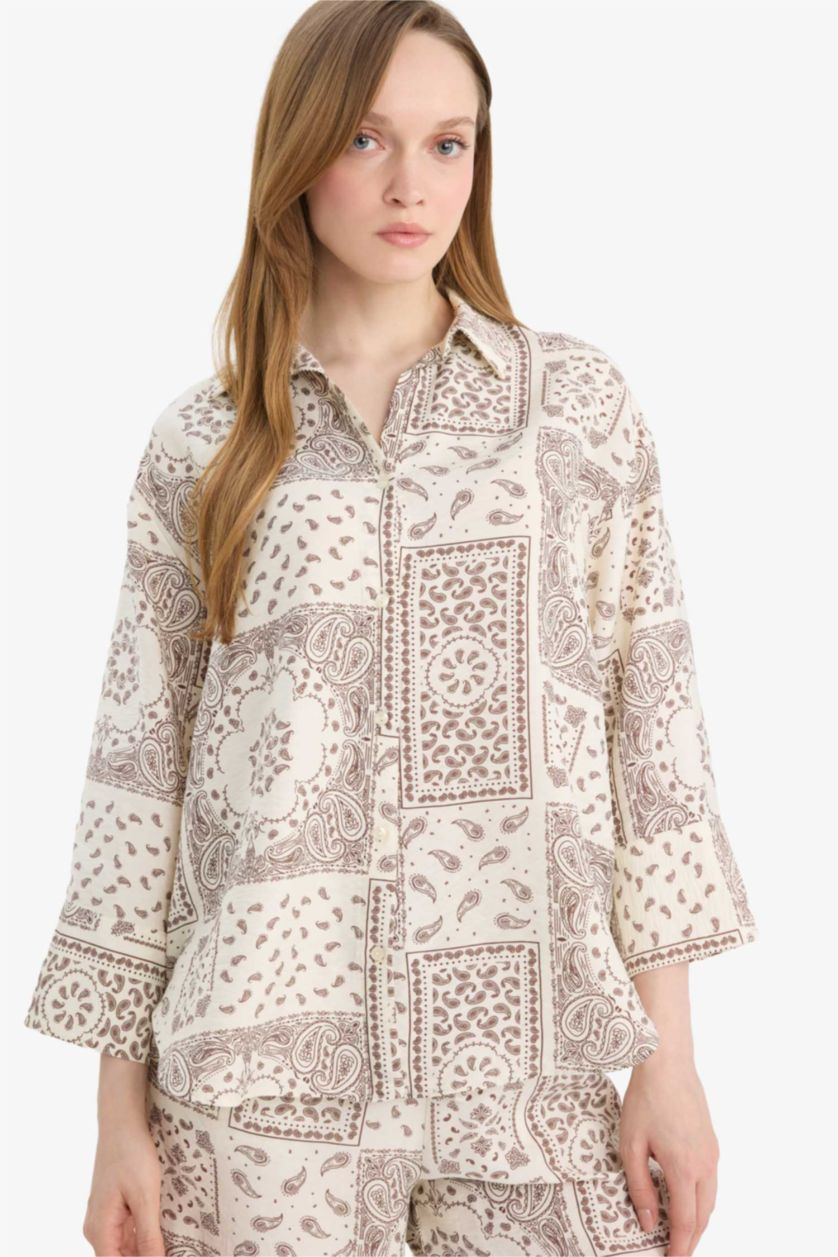 Kadın Ekru Regular Fıt Gömlek Yaka Baskılı Uzun Kollu Gömlek